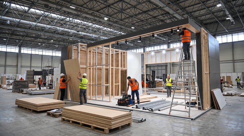 FAVORİ FUAR on-site booth frame assembly team