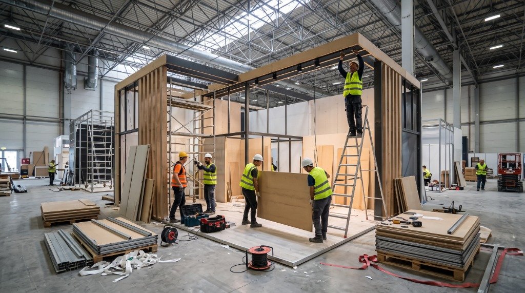 FAVORİ FUAR live booth setup and wooden slat construction